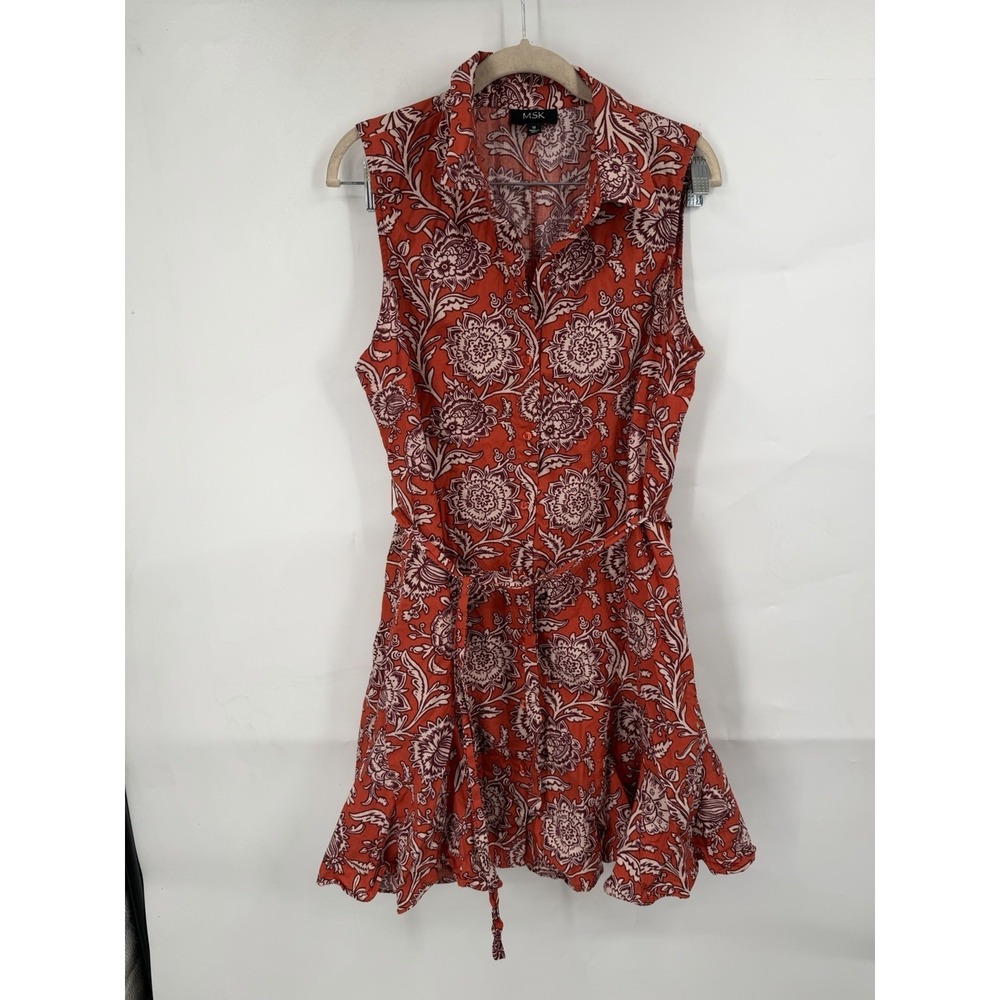 MSK Floral Cottage Mini Dress Women M Orange Belted Boho Chic Western Prairie